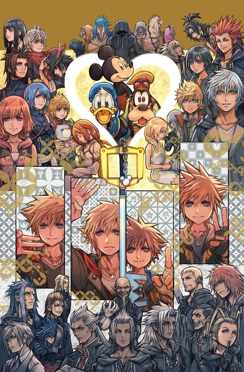 this vibrant poster features a large ensemble of characters from the "kingdom hearts" video game series.  in the center, a bright heart shape formed by light contains iconic disney characters mickey mouse, donald duck, and goofy. below them, the series' protagonists sora, riku, and kairi stand prominently, framed by golden, intricate patterns. surrounding the heart are numerous other characters from various disney and final fantasy franchises, all rendered in a dynamic, stylized art style. the overall composition emphasizes the themes of friendship, adventure, and the interconnectedness of the different worlds within the game.