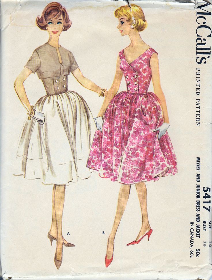 the image is a vintage mccall's sewing pattern cover, number 5417, for a misses' and junior dress and jacket set. the cover features an illustration of two women wearing the designs. on the left, a woman wears a white full skirted dress paired with a shortsleeved bolero jacket in a taupe color. on the right, a woman wears a pink floral dress with a vneckline. both women are wearing short white gloves. the pattern information is printed on the right side of the cover, including the brand name, pattern number, size, price, and a description of the pattern.