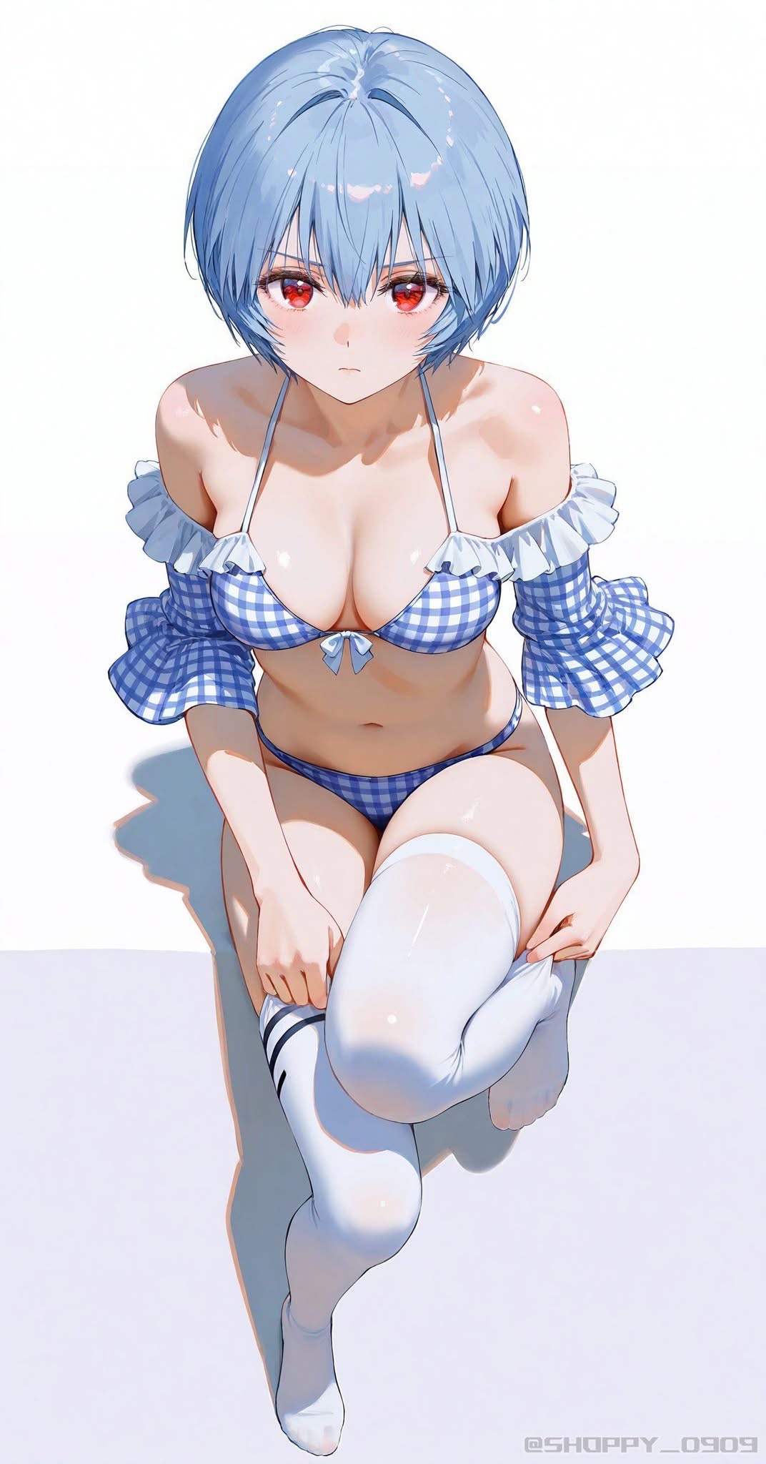 an anime style image of rei ayanami sitting down and looking at the viewer, wearing a gingham bikini with a ruffle detail, and thigh high socks.