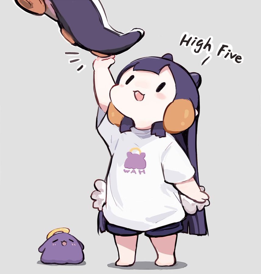 the image depicts a cartoon drawing of a young girl with long black hair enthusiastically reaching up for a high five. she's wearing a white tshirt with a purple logo and matching shorts, her eyes are bright with joy, and her mouth is open in a cheerful expression. the other participant in the high five is not fully visible, only a hand extending from the top of the frame is shown.  a small, purple, bloblike creature with a halo is sitting on the ground beside the girl, seemingly observing the interaction. the background is a plain light grey, drawing focus to the girl and her animated pose.