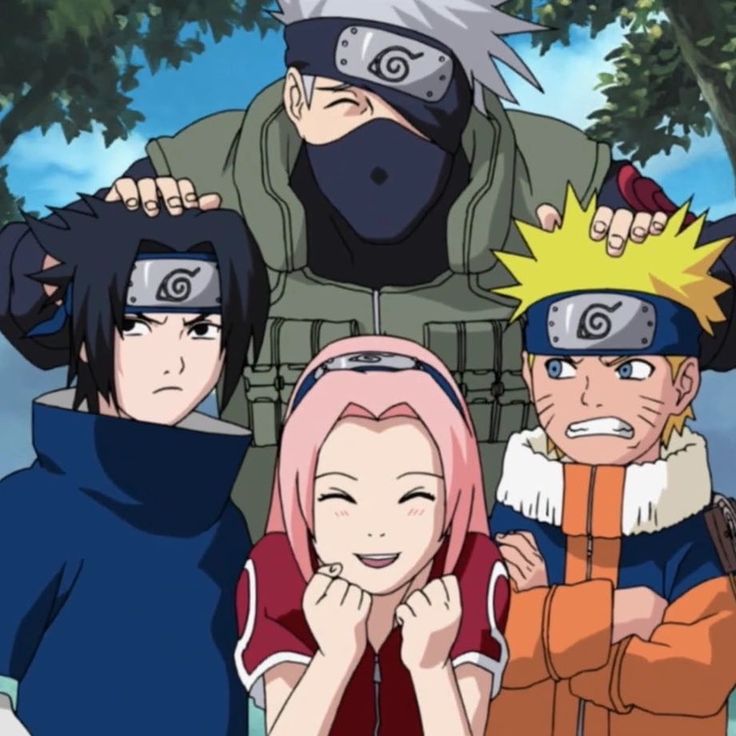 four anime characters are posing for a picture.  from left to right is sasuke uchiha, kakashi hatake, sakura haruno, and naruto uzumaki.  they are from the anime naruto.