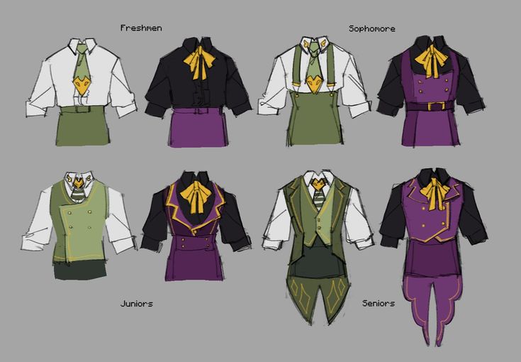 the image is a drawing of school uniforms for different grades. there are four grades represented, freshmen, sophomores, juniors, and seniors. the uniforms are all similar in style, but there are slight differences between each grade. for example, the freshmen wear a simple white shirt, while the seniors wear a more elaborate waistcoat and trousers. each grade has a different colored tie, as well. the illustration is done in a simple and stylized manner, using clean lines and bright colors. the image is likely intended to be used as a design concept for a school uniform.