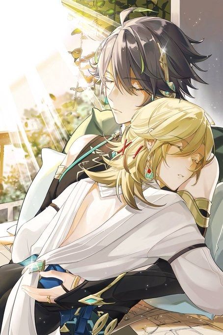 the image is a beautiful fanart depicting two animestyle male characters, likely xiao and venti from genshin impact, in a tender embrace. the blondhaired character, venti, is resting his head on the shoulder of the darkhaired character, xiao, who has his arm protectively around him.  they appear to be relaxed and peaceful, possibly asleep. the setting is soft and luminous, with sunbeams streaming through a window, creating a warm and intimate atmosphere. both characters are dressed in elegant clothing with ornate details and accessories. the overall style is highly detailed and romantic, emphasizing the closeness and affection between the two.