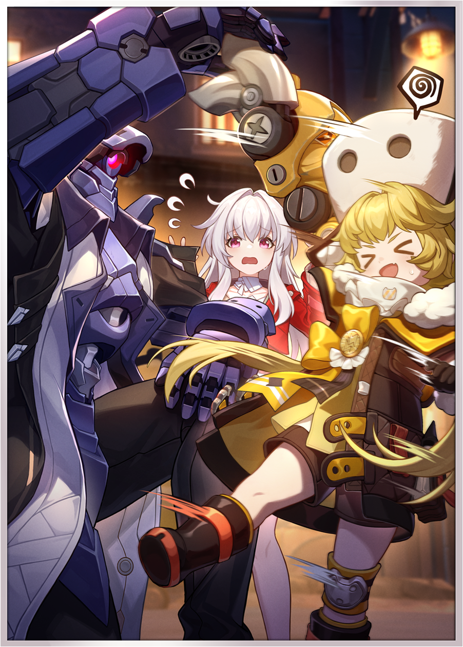 he image is a vibrant digital painting or illustration in the style of anime or manga. it depicts a dynamic scene with three main characters.  a girl with long blonde hair and yellow and brown attire is kicking a large mechanical arm belonging to a figure in a dark blue, almost robotic suit. another girl with white hair in a red jacket appears shocked in the background. the style is dynamic, emphasizing motion and action.  the background suggests a city or urban setting at night, providing contrast to the brightly colored characters.  the artwork is highly detailed, showcasing intricate designs on the clothing and mechanical elements. the overall mood is a blend of action and playful chaos.