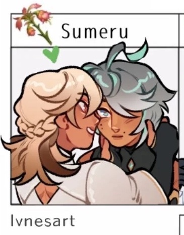 the image is fanart depicting alhaitham and kaveh from the video game genshin impact.  it's a closeup illustration showing the two characters in a tender embrace.  alhaitham's arm is around kaveh's shoulder and neck. they are both blushing, suggesting romantic feelings. the art style is reminiscent of anime or manga. the top portion of the image shows a caption indicating "sumeru" referencing their region in the game, and the bottom credits the artist as "ivnesart".  a small, stylized flower is also shown in the top left corner.