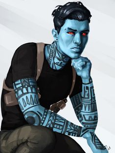 a bust portrait of a blueskinned alien man with elaborate tattoos on his neck, arms, and hand. he is wearing a black shirt and a brown leather harness. the background is a light gray. the lighting is soft and the perspective is at eye level.