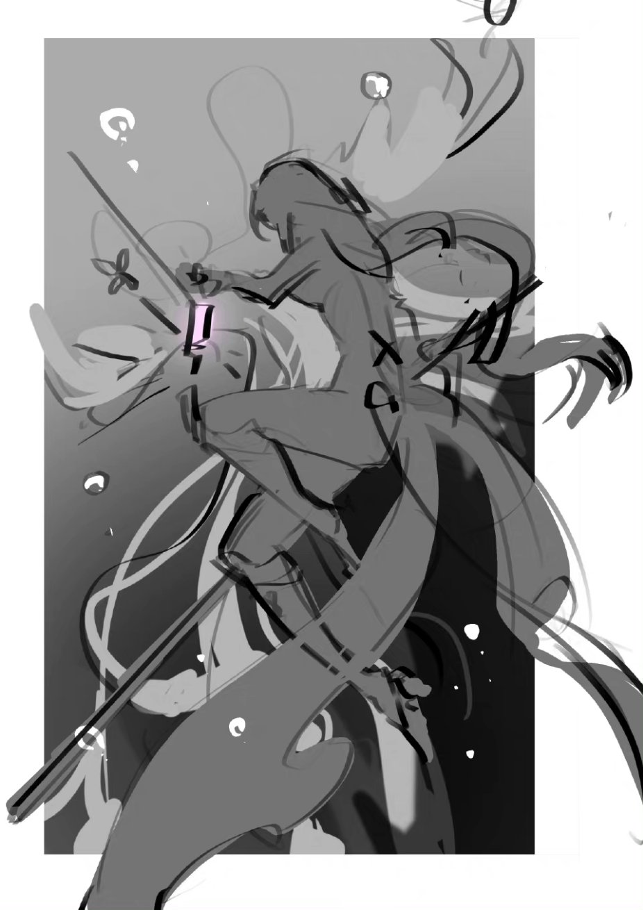 a grayscale sketch of a mermaid queen, wielding a glowing sword, riding a large fish, seemingly underwater. the sketch is rough and expressive, capturing the movement and energy of the scene. the mermaid queen is depicted with flowing hair and a crown, her pose suggesting power and grace. the fish is large and detailed, with scales and fins that are welldefined. the underwater environment is suggested by the bubbles and the flowing lines that surround the figures. the glowing sword adds a touch of magic and fantasy to the scene.