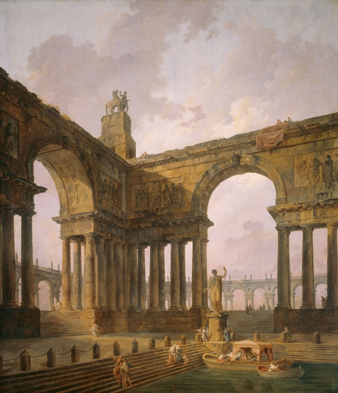 the image is a painting by hubert robert depicting a scene of ancient roman ruins. the painting features massive arches and columns, partially in ruins, with detailed carvings and statues adorning them. people are seen walking around the site, and boats are navigating a body of water in the foreground. a statue stands near the water, and stairs lead down to the water's edge. the sky is filled with soft, pastelcolored clouds, suggesting either dawn or dusk. the overall impression is one of grand architecture and the passage of time.