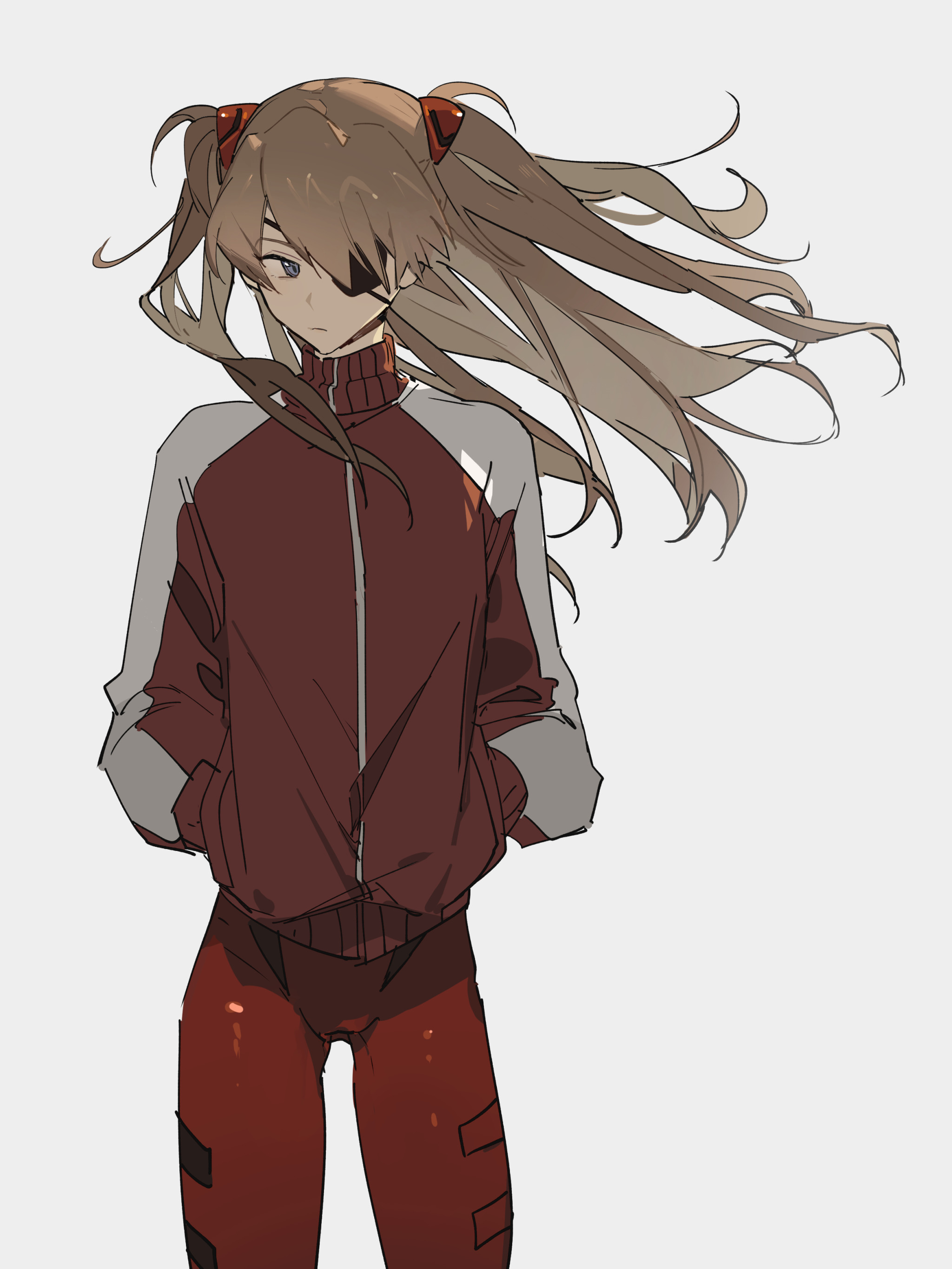 anime style image of asuka langley soryu wearing a red tracksuit with gray sleeves and red pants, with her hands in her pockets, and wearing an eye patch. she is standing indoors on a gray background.