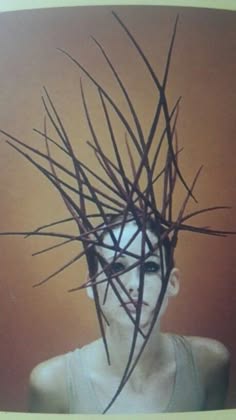 a woman with her hair styled with long, sharp black strands, creating a bold and abstract effect. the image is shot in a studio setting against a simple background, highlighting the unique and artistic nature of her hair. the woman's facial expression adds to the mysterious and avantgarde feel of the portrait.