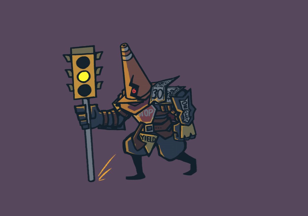 the image depicts a stylized, animated character designed as a warrior wearing trafficthemed armor. the character has a traffic cone for a head and carries a  traffic light like a staff. they are clad in armor adorned with street signs like "stop" and "yield". the character takes a step forward in the animation against a solid, dark purple background.