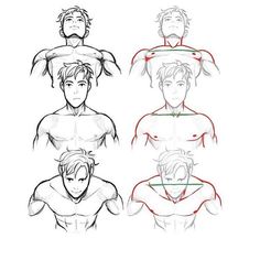 this image consists of six sketches of male torsos. they appear to be part of an anatomy study or tutorial, demonstrating how to draw the male upper body with a focus on muscle definition and proportions. some sketches have lines indicating key points for accurate drawing.