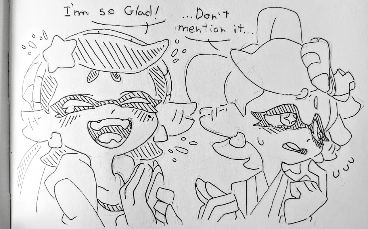 the image is a black and white line art sketch of two girls, who are probably best friends. they are standing face to face and both are laughing, one is giggling while the other is laughing with her hand on her cheek.  the drawing is in a cartoon style, with large eyes and exaggerated expressions. there is a speech bubble above each of them, one girl's speech bubble says "i'm so glad!". the other girl's speech bubble says "don't mention it...". the drawing is set against a plain background.