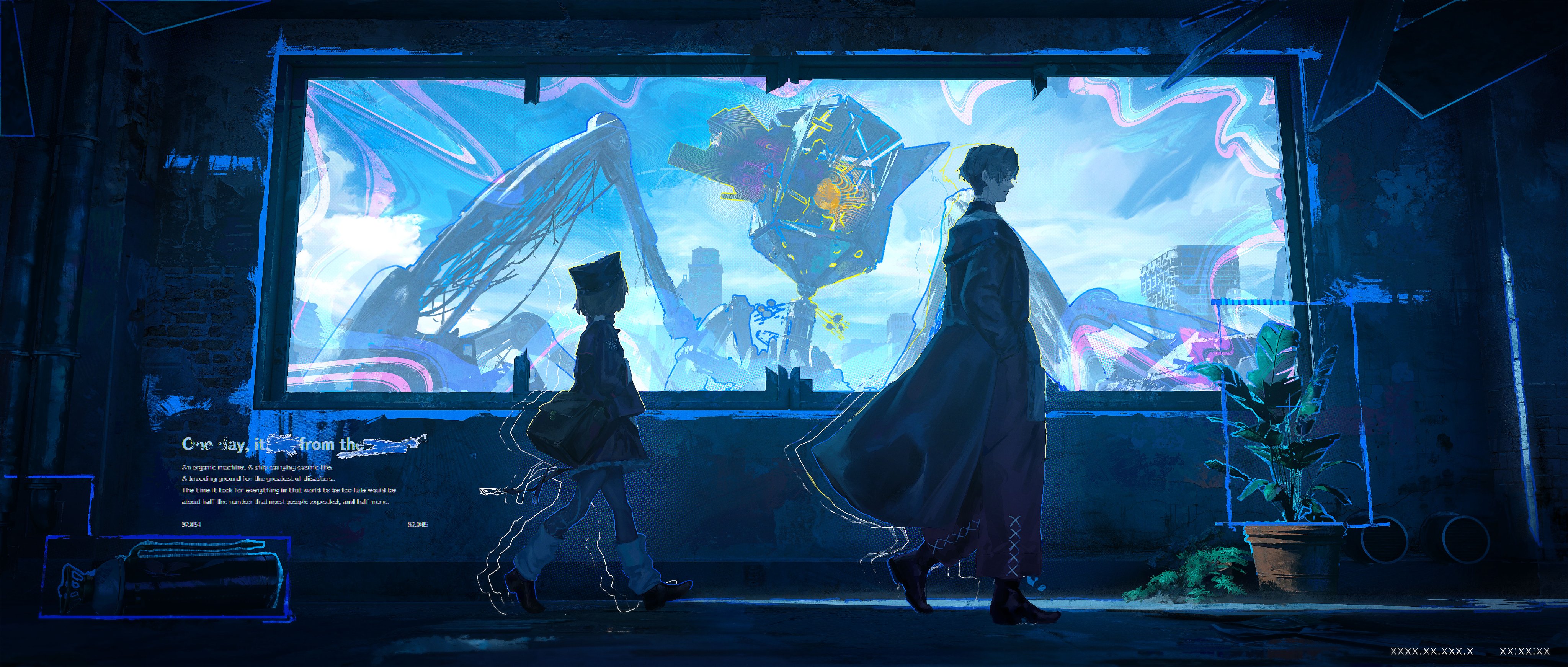 a digital painting depicts two people walking in front of a large window that displays a scifi cityscape with a large robot. the overall color scheme is dominated by blues and purples. on the left side of the painting, there is text overlayed, and a potted plant sits to the right. the scene is set in an urban environment, with elements suggesting a postapocalyptic or futuristic setting. the painting style is reminiscent of concept art or illustration, with loose brushstrokes and a focus on mood and atmosphere.