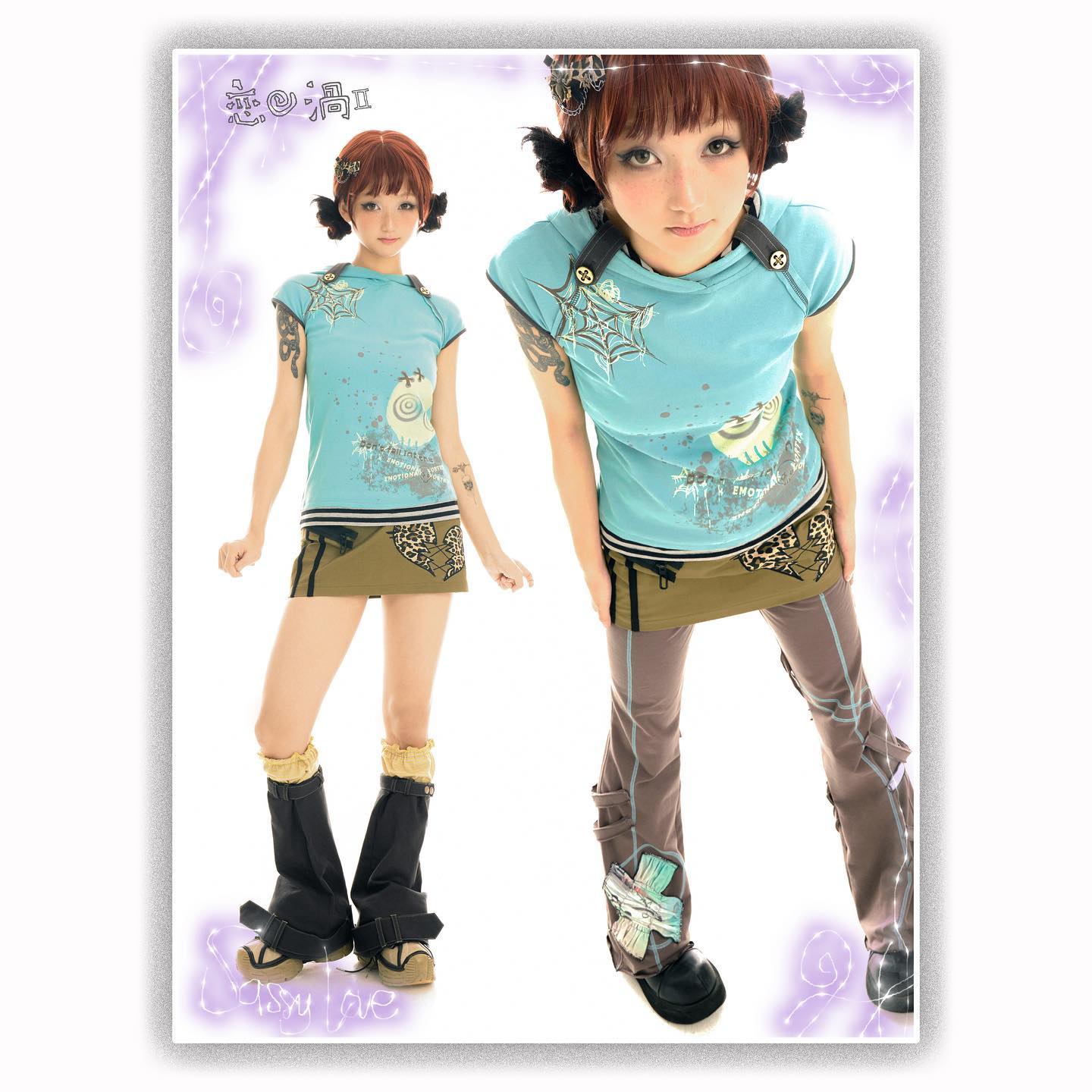 the image showcases two models showcasing a fashion ensemble. the main focus is a teal shortsleeved shirt with a spiderweb graphic, paired with a brown mini skirt and brown pants featuring intricate details and buckles. the models sport similar hairstyles, makeup, and accessories, creating a coordinated look. the overall aesthetic is a blend of japanese street style elements, incorporating punk and alternative influences.  the setting is a bright white studio background.  the image also includes the brand logo and name.