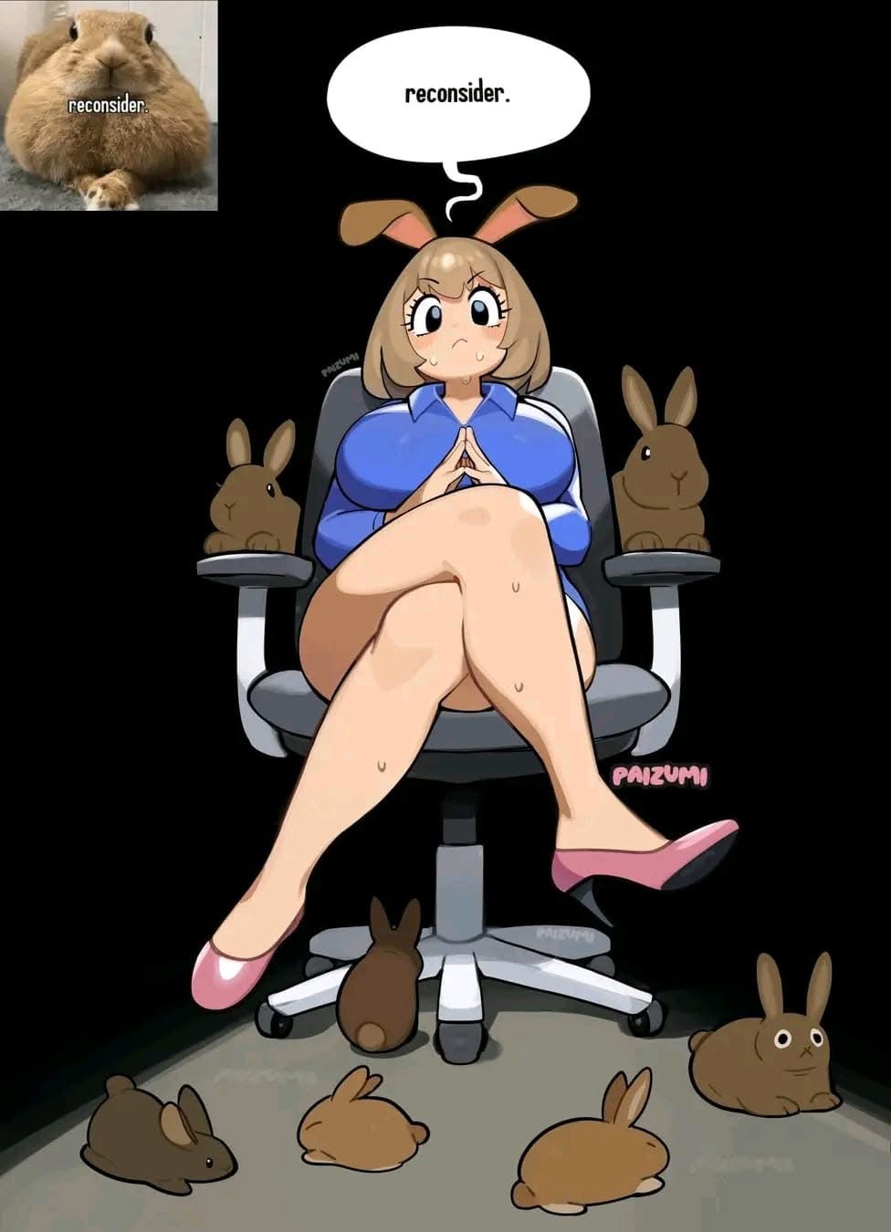 he image shows an animestyle drawing of a woman with bunny ears sitting in an office chair with her legs crossed.  she has a thought bubble above her head that says "reconsider." surrounding her on the floor are several small bunnies.  in the top left corner is a smaller image of a fluffy brown rabbit with the word "reconsider" written underneath. the overall style is lighthearted and slightly humorous.