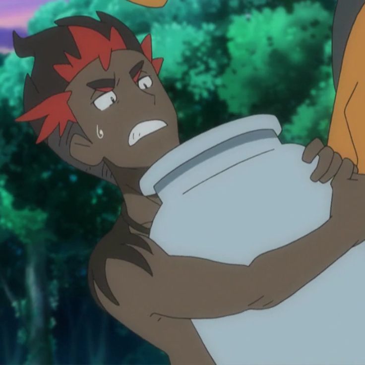 this is a digital art illustration of a pokemon character from the anime. this character has red hair and brown skin. he looks scared and is holding a large jar in his arms. he is wearing a dark brown loincloth.