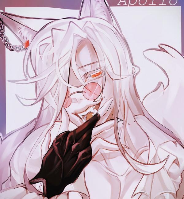 a close up digital art portrait of an anime character with white hair, red eyes, and sharp teeth, wearing a white shirt and black gloves, smiling slyly. the character has pointy ears and a mischievous expression. they are drawn in a colorful style with dramatic lighting and shadows.