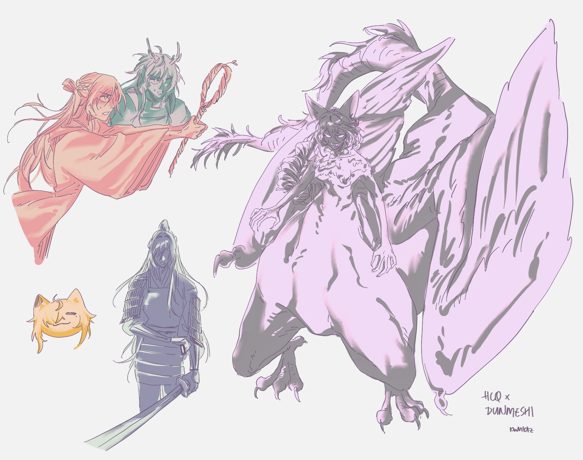 this image depicts a digital art illustration of five characters in a fantasy style. the characters are animeinspired with vibrant colors and detailed outlines. there is a large purple dragon with wings spread out, a samurai with a sword, a human character holding a rope tied to a horned, redhaired character, and a small yellow cat.