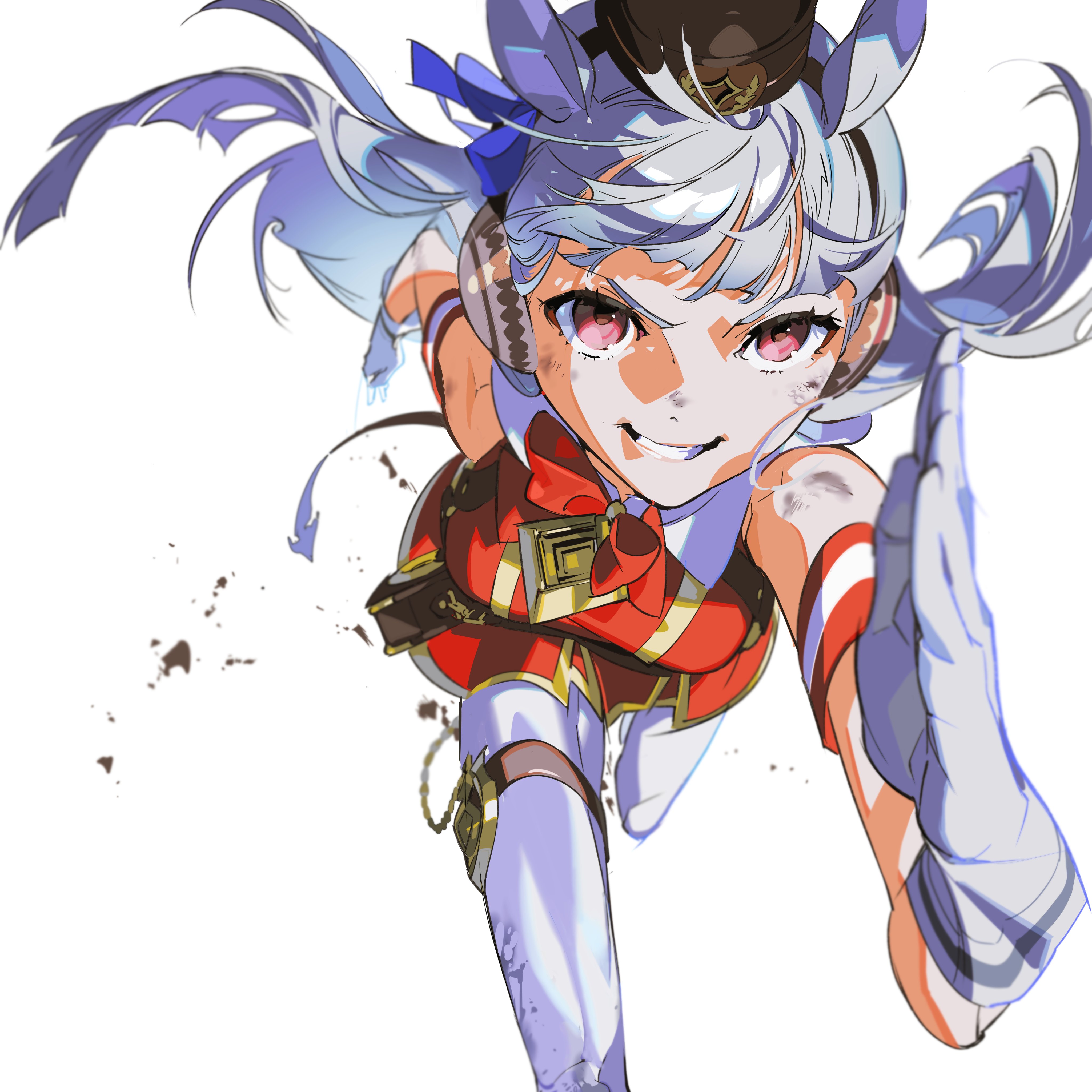 the image features a dynamic illustration of a young, whitehaired girl, potentially an anime character, captured midrun. she wears a red and white uniform with gold accents, hinting at a possible theme like racing or sports. her determined expression, windblown hair, and dirt splattered on her outfit contribute to the energetic and actionpacked nature of the scene. the perspective is from a low angle, further enhancing the sense of speed and power.