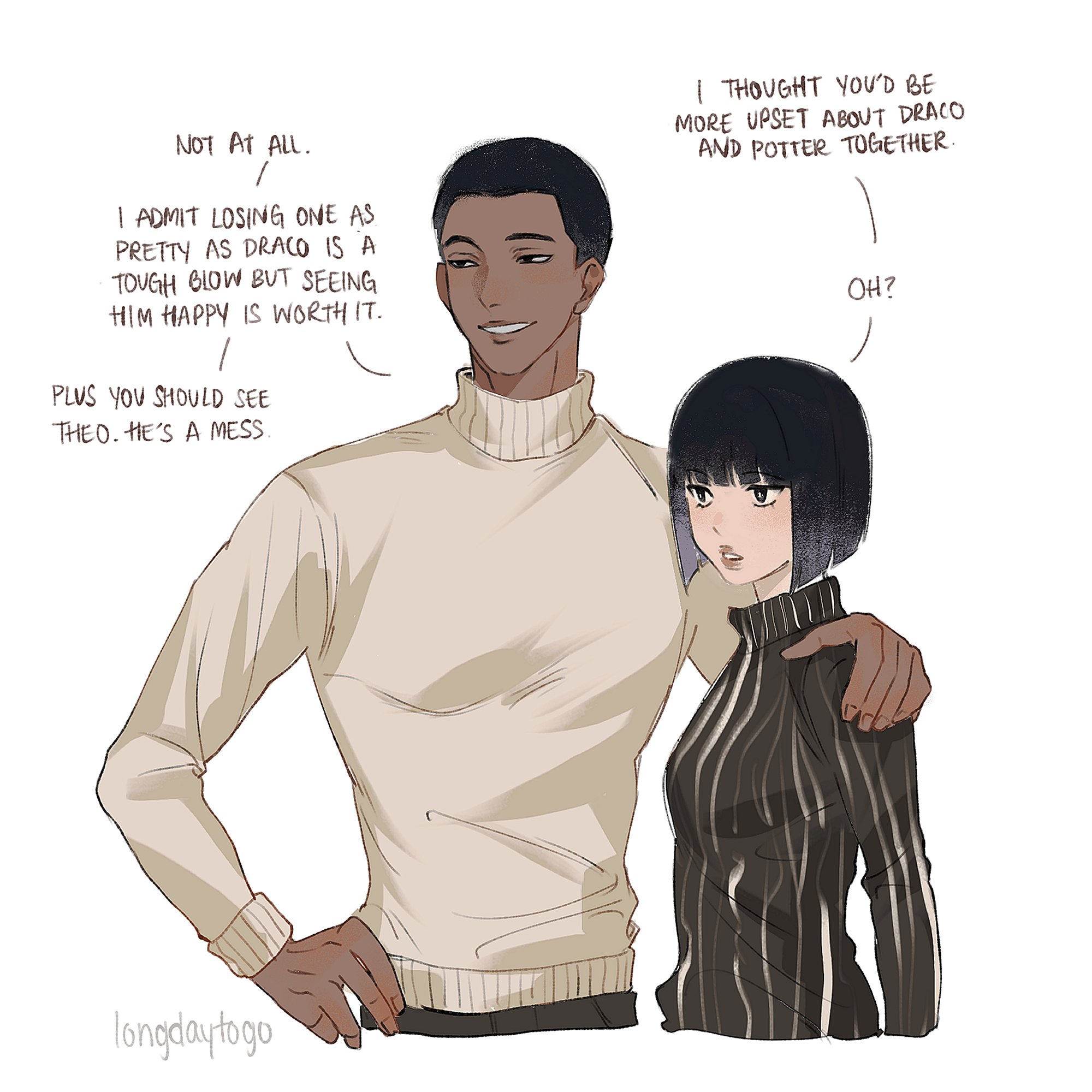 he image is a digital illustration featuring two characters, a man and a woman, in a casual setting. the man has brown skin and is wearing a beige turtleneck sweater. the woman has black hair and is wearing a black and white striped turtleneck sweater. they are standing close together, with the man's arm around the woman's shoulder. there are speech bubbles containing dialogue between them, suggesting a conversation about their relationship and the feelings of others. the art style is animeinspired, with soft lines and shading. the overall tone is lighthearted and romantic.