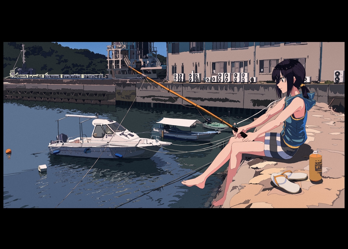 he image is a vibrant digital illustration of an animestyle girl sitting on a harbor wall, fishing. she's wearing a blue hoodie and shorts, and has long dark hair.  she is holding a fishing rod, which extends out over the water. in the background are boats, a harbor wall, and industrial buildings, creating a scene that is both idyllic and slightly industrial. the style is reminiscent of contemporary anime and digital painting, with a focus on color and mood. the overall tone is peaceful and serene, suggesting a relaxing summer day.