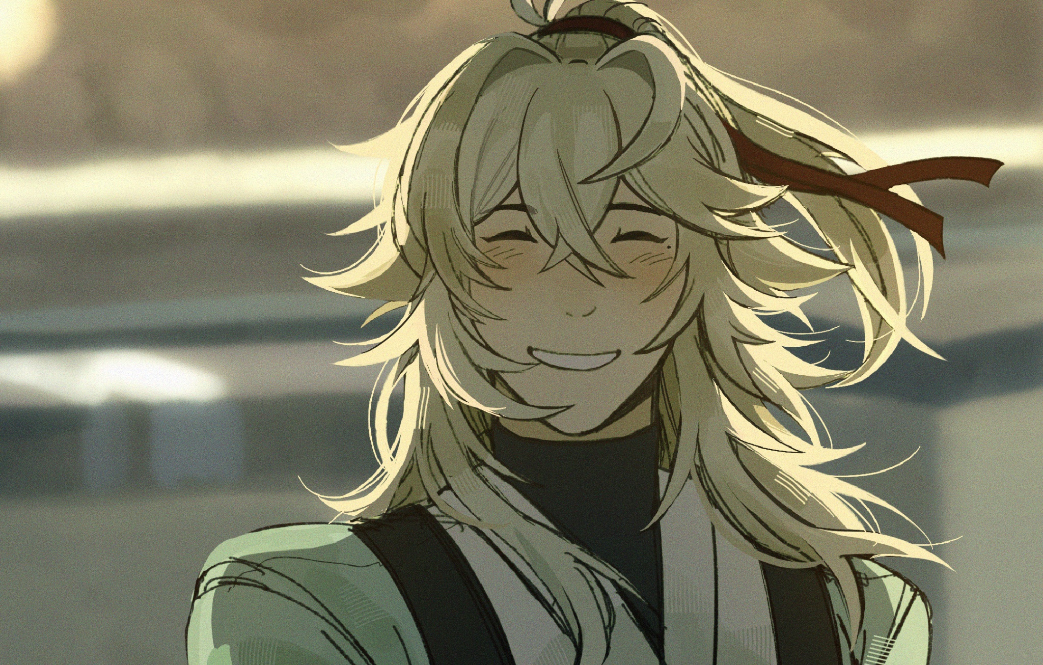 this image is a digital art illustration of a male anime character. he is smiling brightly and has long blonde hair tied up in a ponytail with a red ribbon. he is wearing a green and white shirt. the background is a blur of greens. the image is stylized to look like a cartoon.