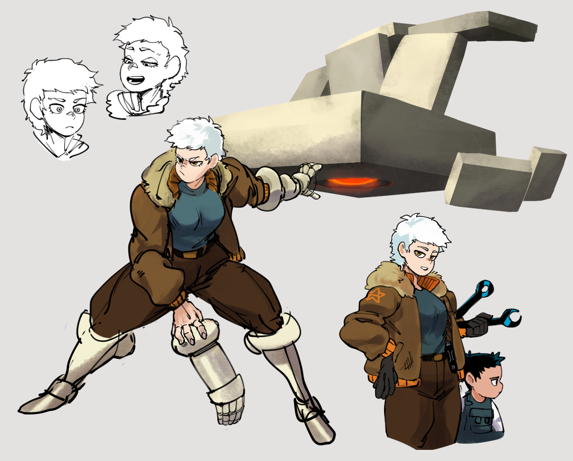 the image is a digital illustration of four characters. the central character is a woman with white hair and a brown jacket. she is holding a metal robot arm and a wrench. she is standing in a fighting pose, with one leg forward and one leg back.  behind her is a flying object that resembles a small plane. on the right side of the image, there is a woman in a brown jacket standing with a small boy in a blue uniform. above the woman, there are two images of a woman with white hair, one with white hair and one with brown hair. the drawing has an anime/manga style.
