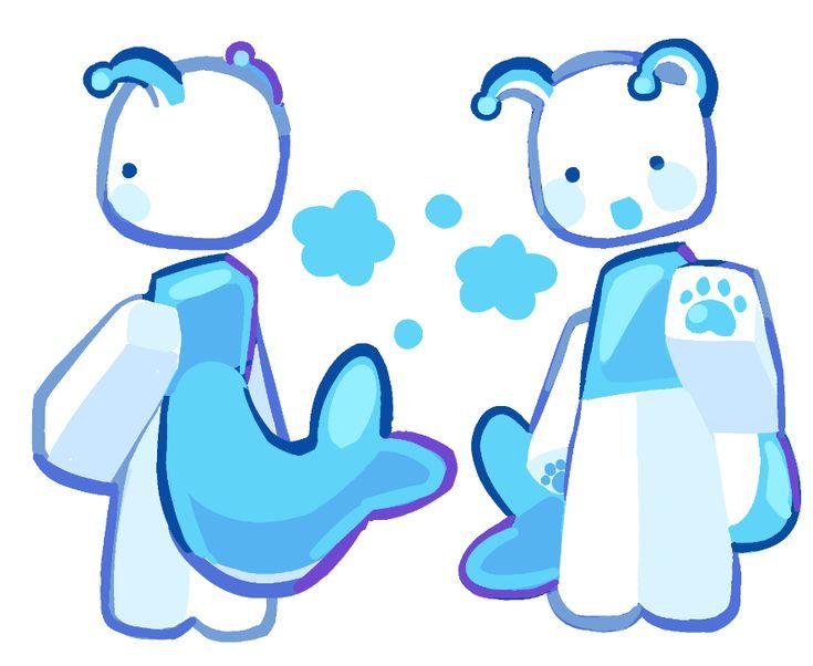 the image shows a digital drawing of two cute, cartoonish characters.  they are both primarily white and light blue, with simple, rounded shapes.  one character resembles a small, simplified animal with a fishlike tail, while the other has earlike protrusions and a paw print on its clothing. both characters are depicted in a playful, childlike style.  they appear to be interacting, with a few light blue cloud shapes between them suggesting a lighthearted atmosphere.  the art style is simple and charming.