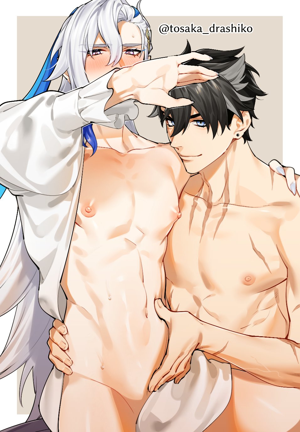 an anime style illustration depicts two shirtless males in an embrace. the male on the left has long white hair with blue streaks, pale skin, and is slightly blushing. he wears a white, open shirt and has his hand on the other male's head. the male on the right has black hair, blue eyes, and fair skin. he is smiling and hugging the other male. the artist's name "@tosaka_drashiko" is displayed at the top of the image.