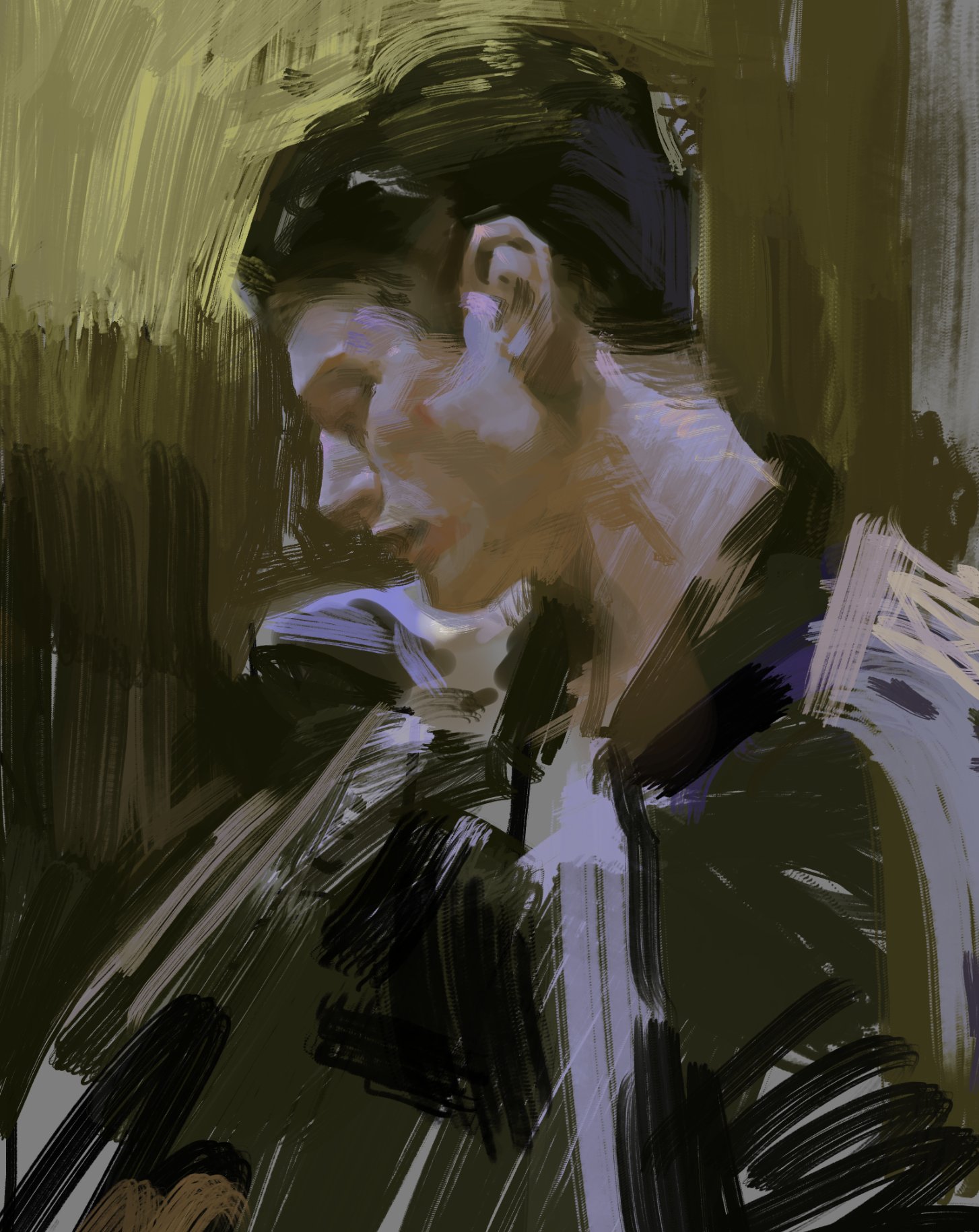 a digital portrait of a man.  the man's face is turned downwards and his eyes are closed. the image is stylized and abstract, with thick brush strokes. the background is a mixture of dark greens, blues, and whites. the man's expression is somber, and he appears to be lost in thought.