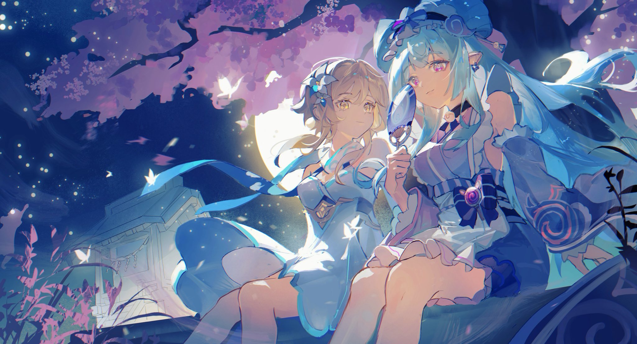 two anime girls, lumine from genshin impact on the left and furina on the right, are sitting side by side. lumine has blonde hair and is wearing a light blue dress. furina has light blue hair and a more elaborate blue dress. they are sitting under cherry blossoms in the night, with a large moon in the background and butterflies floating around. a building is visible in the lower left corner. furina is holding a fan.