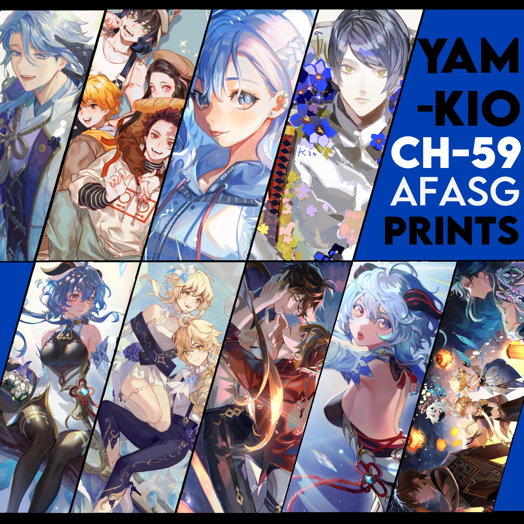 a collage of digital art panels featuring characters from the anime/manga series "yamkio". the panels showcase a variety of characters, including a young woman with blue hair, a man with black hair, and a couple embracing. the art style is colorful and vibrant, with a focus on detail and expression. the image is titled "yamkio ch59 afasg prints", suggesting that these panels are available for purchase as prints.