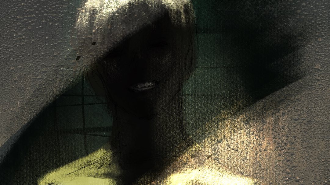 he image appears to show a man in the shower, viewed through a blurry, textured surface that could be a shower door or curtain. the lighting is very dim, obscuring most of the man's features and creating a sense of unease or even horror. the man's expression is difficult to discern, but the suggestion of a smile or grin adds to the unsettling nature of the image.