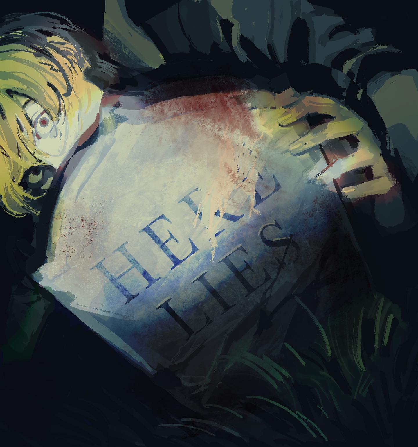 a person is holding a tombstone that says "here lies". the image is dark and mysterious, and the figure is obscured. the image creates a creepy, eerie atmosphere. the tombstone suggests that the person is dead, but the figure is alive. this creates a sense of unease and suspense, making the image both intriguing and unsettling.