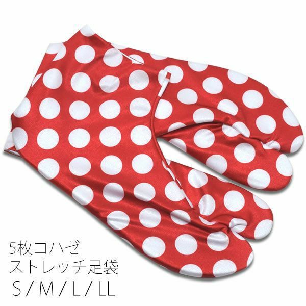 a pair of red tabi socks with white polka dots are displayed on a white background. the socks have a splittoe design, characteristic of tabi socks, and come in various sizes (s, m, l, ll). the text at the bottom of the image indicates features like "5hook" and "stretch".