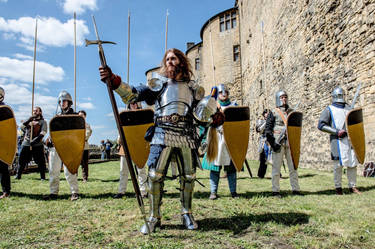 a group of men dressed in medieval knight costumes and armor stand on a grassy field in front of a stone castle.  one knight, prominently featured in the center, holds a poleaxe. the knights are holding shields and spears, showcasing their weaponry.  the scene is evocative of a medieval battle or reenactment. the background features a portion of a castle wall, adding to the historical setting.  the overall mood is one of historical reenactment and medieval warfare.