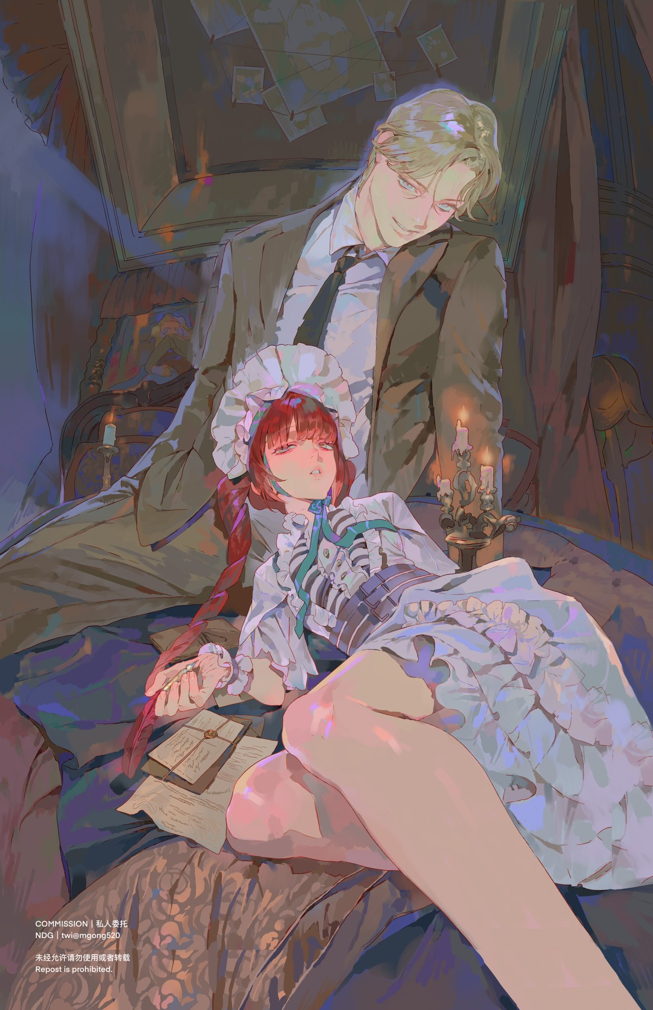 a digital illustration shows a blond man in a dark suit sitting next to a redhaired woman lying on a bed. the woman is wearing a maid outfit, and she is holding a letter in her hand. candles are lit on a table next to them. the background is dark and ornate, with books and other objects visible.