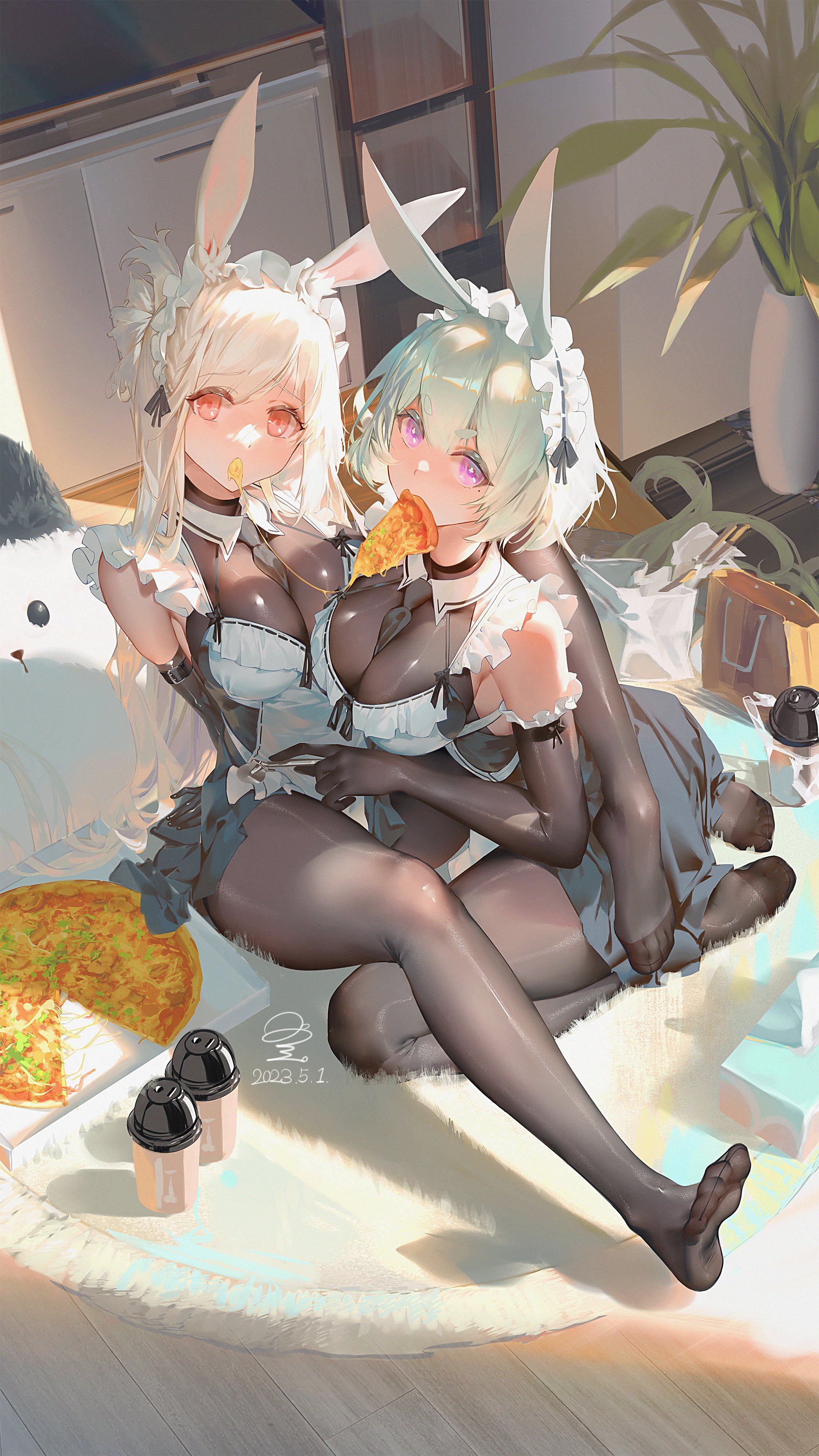 he image shows two anime girls dressed as maids with bunny ears headbands. they are sitting on a fluffy white rug on a wooden floor. one girl has blonde hair and the other has mint green hair. they are eating pizza and drinking coffee.  they are wearing white maid outfits with black gloves and stockings. the scene is brightly lit, with sunlight streaming in from an unseen window.  a pizza and coffee cups sit nearby. the overall style is soft and whimsical.