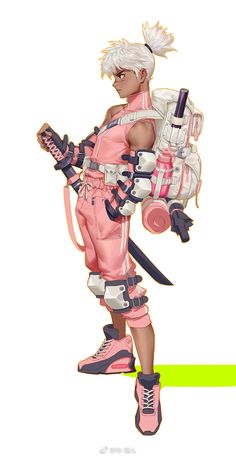 a digital illustration of a young male character with white hair tied in a topknot, dressed in a pink and white streetwearinspired outfit. he is equipped with protective gear on his elbows, knees, and shins, and carries a katana sword on his back and what appears to be a futuristic spray canister on his hip. the style is reminiscent of cyberpunk and urban fantasy. his pose suggests a sense of readiness for action.  the background is plain white, emphasizing the character design.