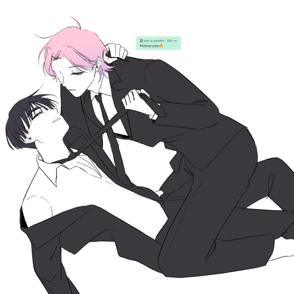 this is a black and white drawing of two anime boys. one of them is wearing a pink shirt and the other is wearing a white shirt. both of them are wearing black suits, and they are looking at each other with love and romance in their eyes. the drawing suggests that they are in love and that they are very close to each other.