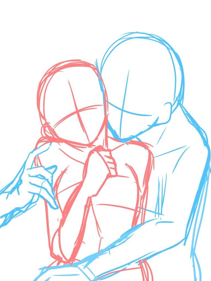 this is a drawing of a couple hugging, it is a simple sketch of a pose and is in a soft pink and blue color scheme. the woman is on the left, and her body is outlined in pink, the man is outlined in blue. they are hugging tightly, and the man is leaning in towards the woman. the drawing is very basic, but it conveys a sense of intimacy and affection. it could be used as a base for a more detailed drawing or painting.