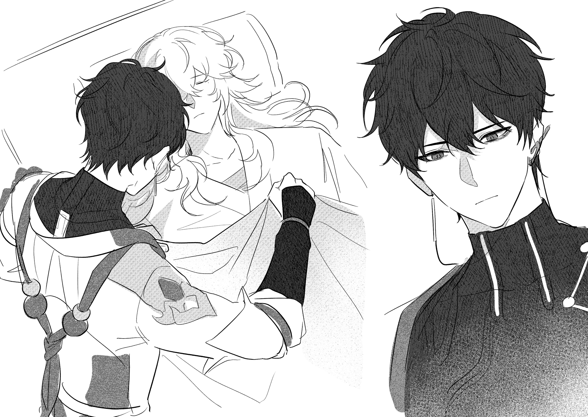 this image features two anime boys. the one on the left is hugging the other, who is laying in bed. they appear to be in a romantic relationship. the one on the right is looking at the other with a worried expression. the image is drawn in black and