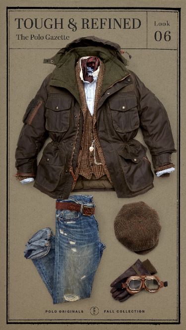 this is a flat lay image showcasing a men's fall collection from polo ralph lauren, specifically "look 06: tough & refined."  the centerpiece is a dark olive green field jacket with multiple pockets, worn over a brown tweed waistcoat, a lightercolored shirt, and a maroon scarf.  below the jacket are distressed blue jeans, folded at the cuffs.  accessories include a brown newsboy cap, brown leather gloves, and vintagestyle aviator goggles. the image is styled on a neutral background with text overlays indicating the brand, collection name, and look number.