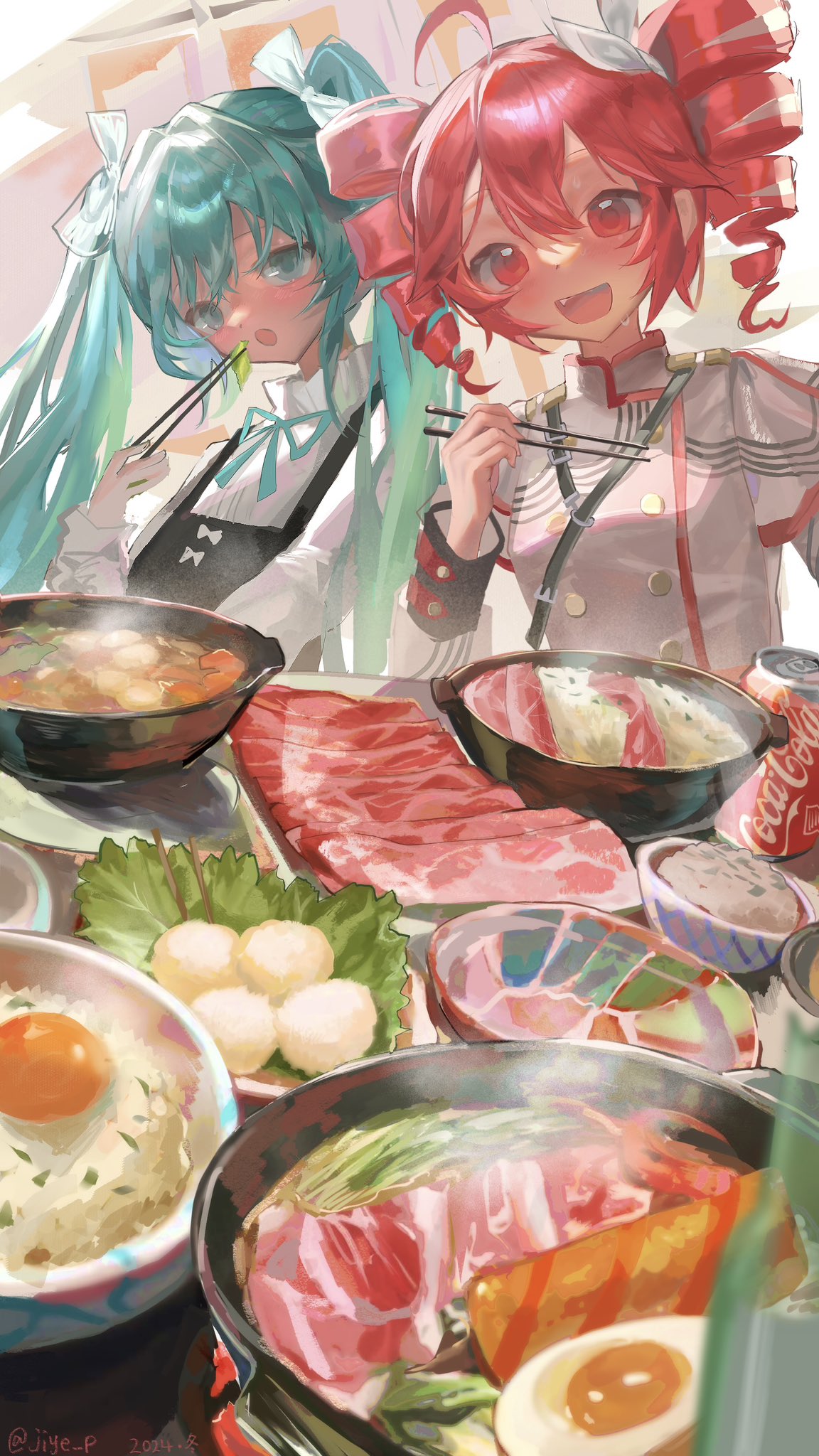 two anime girls, one with green hair and the other with red hair, are sitting at a table full of japanese food including meat, rice, and eggs. one of the girls is using chopsticks to eat. there is a cocacola can on the table.