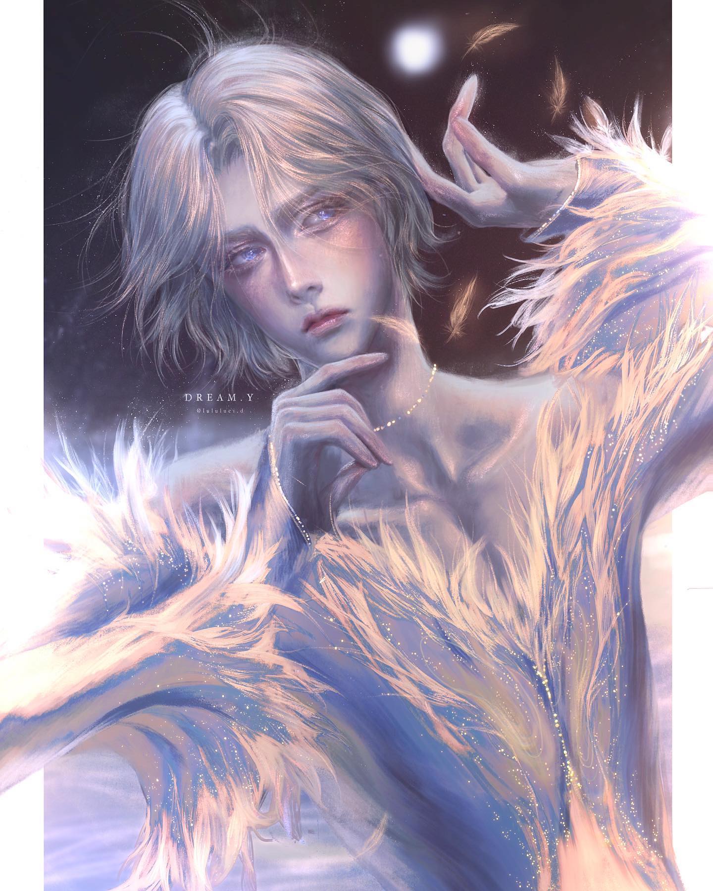 the illustration depicts a young person with long, flowing white hair, dressed in a flowing, sparkling blue and purple gown with feathered accents. the gown seems to glow with an inner light, and the person's expression is one of quiet confidence and mystery. the background is a soft blue, with the moon shining brightly in the distance. the overall tone of the illustration is dreamy and ethereal, hinting at a world beyond the ordinary.