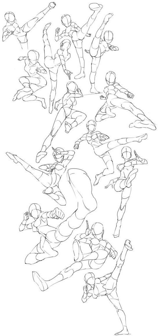 he image contains a collection of dynamic action poses, primarily depicting figures in various martial arts stances. the style is reminiscent of anime or manga character design, with simplified anatomical details focusing on the flow and energy of movement. the figures are sketched in a loose, expressive manner, suggesting a quick study or reference sheet for artists.  multiple figures are shown in different kicking and punching positions, capturing a range of motion and energy.  the overall style is light, sketchy, and seemingly intended as a resource for artists working on actionoriented character designs.