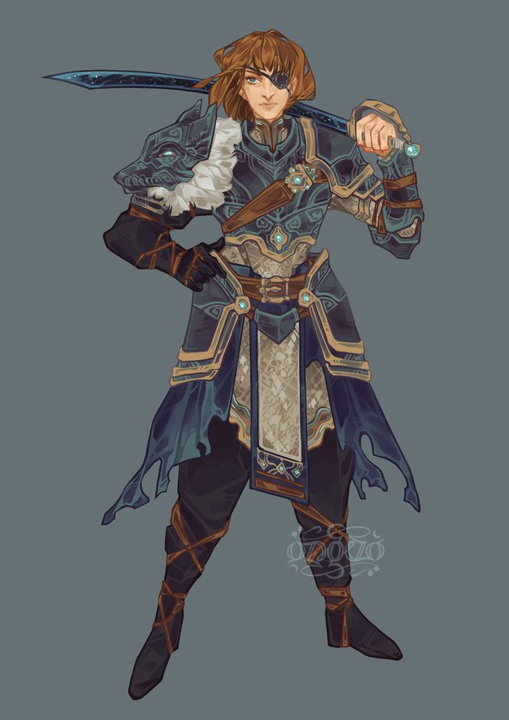 the image is a digital painting of a female fantasy warrior. she has shoulderlength brown hair and wears an elaborate teal and gold armor with fur accents. the armor is intricately detailed, with designs that appear to be inspired by wolves. she has an eyepatch covering her left eye and holds a long, dark sword. her expression is serious and confident. the background is a plain grayblue. the overall style is elegant and detailed, with a focus on the character's design and the texture of her armor.
