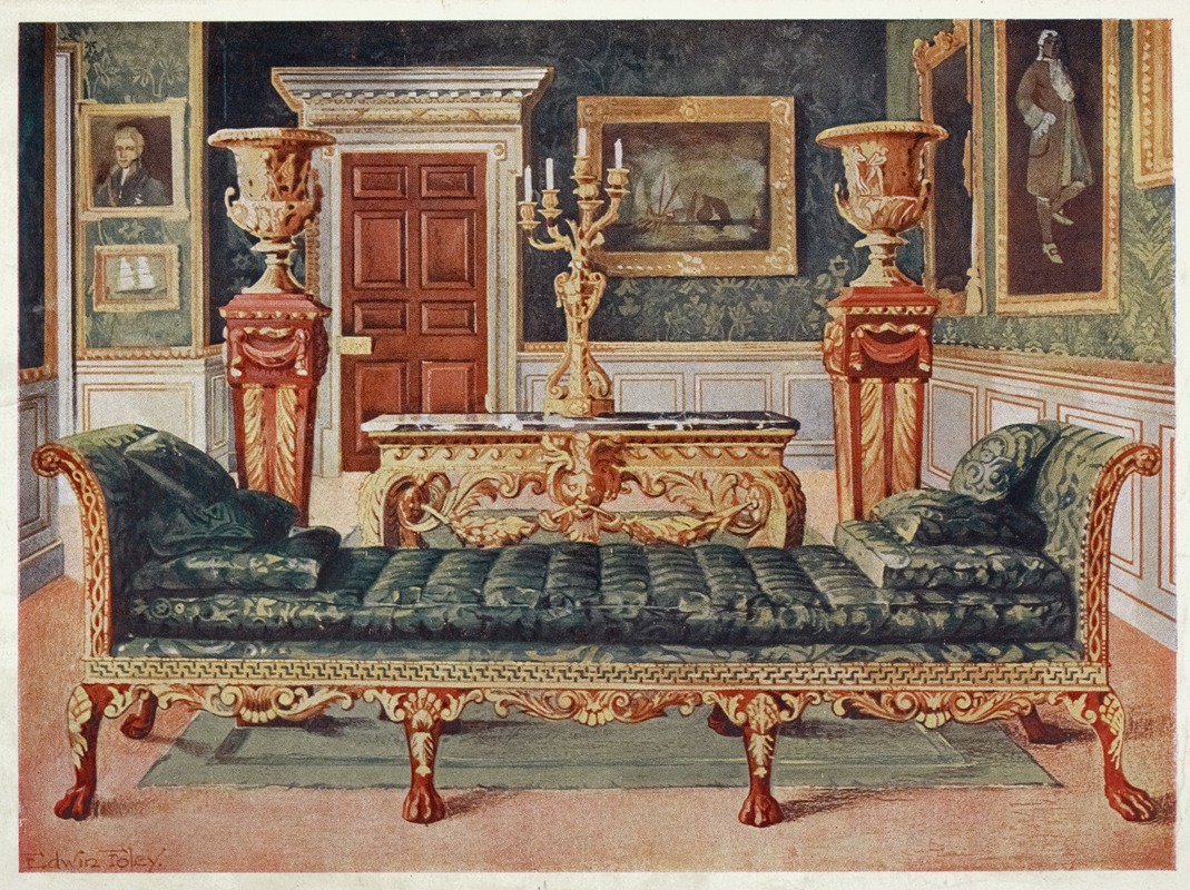 the image depicts a luxurious interior setting with antique furniture. a daybed with tufted upholstery and gold trim is prominently featured in the foreground. behind the daybed is a table with a marble top and ornate gold detailing. vases on pedestals flank the table, and paintings adorn the walls. a doorway is centered in the background. the room exudes a classic and opulent aesthetic.