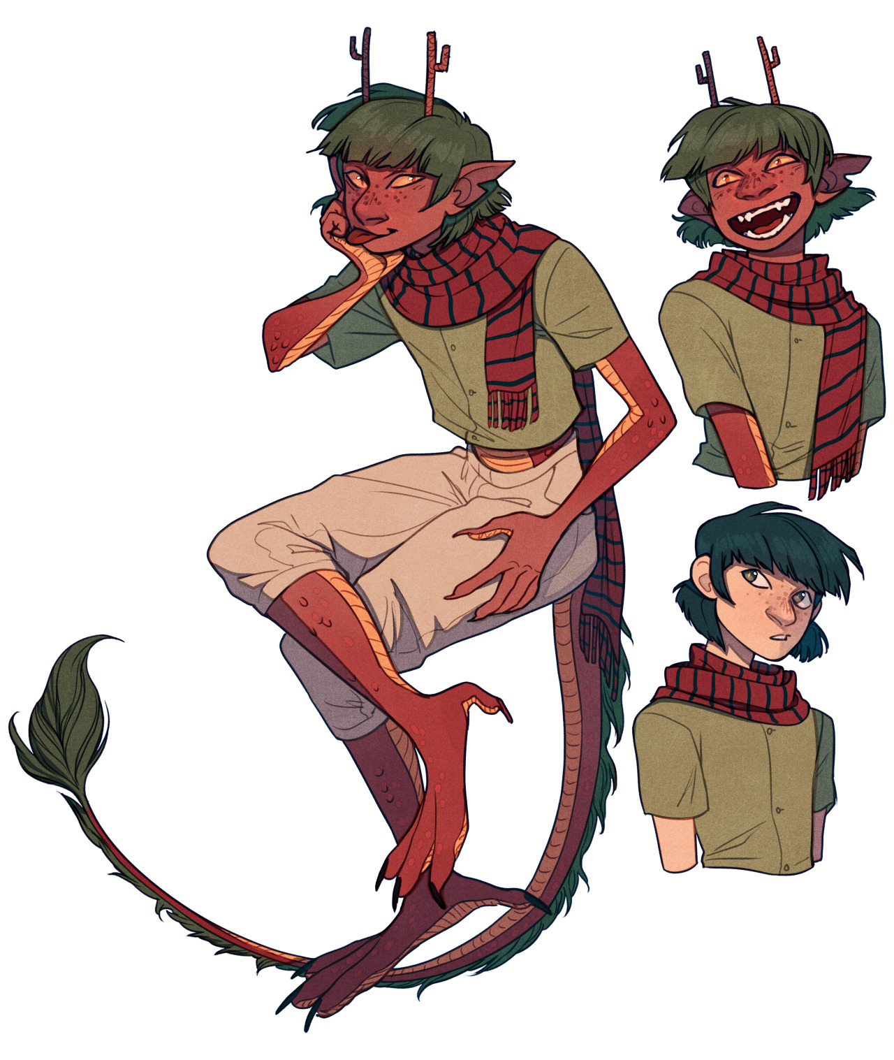 a digital illustration of a red scaled eastern style dragon character concept.  the dragon has bright green hair and is wearing a green tshirt, tan pants, and a red and tan striped scarf.  the image shows three views of the character; a front facing bust, a 3/4 view sitting pose, and a side facing bust. the background is white.